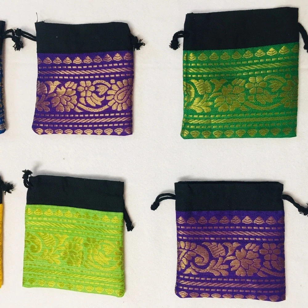 Brocade‎ Jewelry Pouch Drawstring Bags Set of 15 Purple Green Yellow Blue 4x4 In